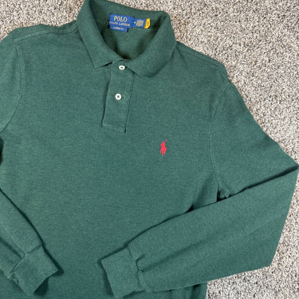 Polo Ralph Lauren Long Sleeve Polo Mens M Green Classic Fit Cotton Pony Logo